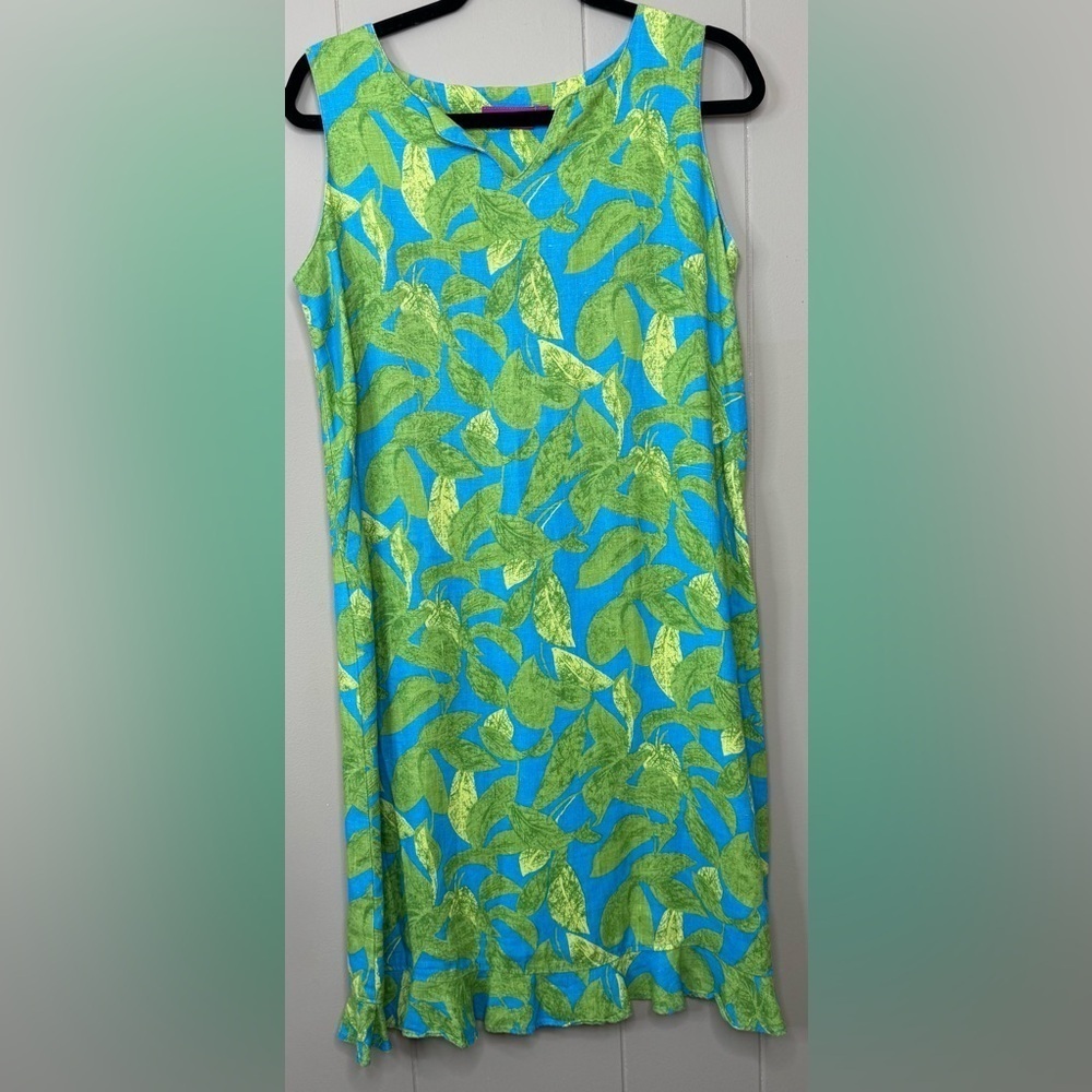 Ivy 100% Linen Sleeveless Leaves 🍃 Pattern Shift Dress Womens Size 6